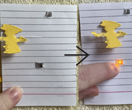 The connections are too weak to work properly but the idea was that as the dragon moves across the lights light up at a certian point when the paper stops blocking the battery connection.