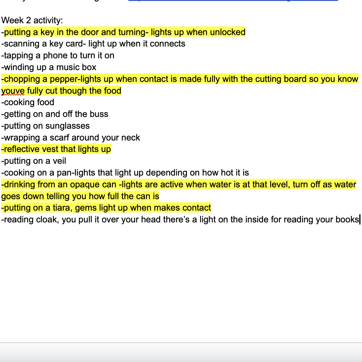 this was a list of my inital interaction ideation