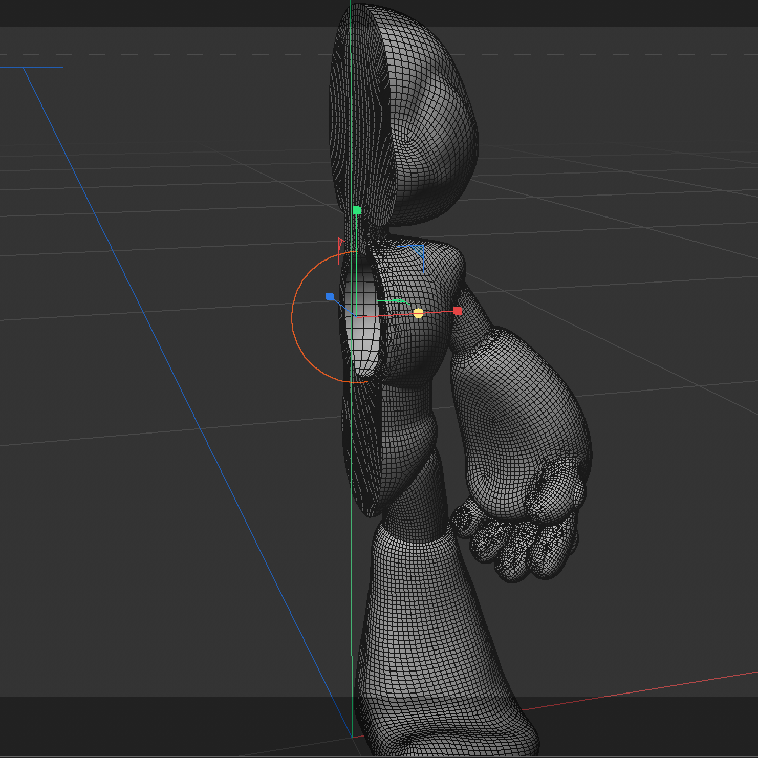 the robot cut in half and starting to get hollowed out. I was encountering a lot of issues because of the mesh density and because the model was imported. I am planning to remodel him completely at this point because I think it will be quicker.