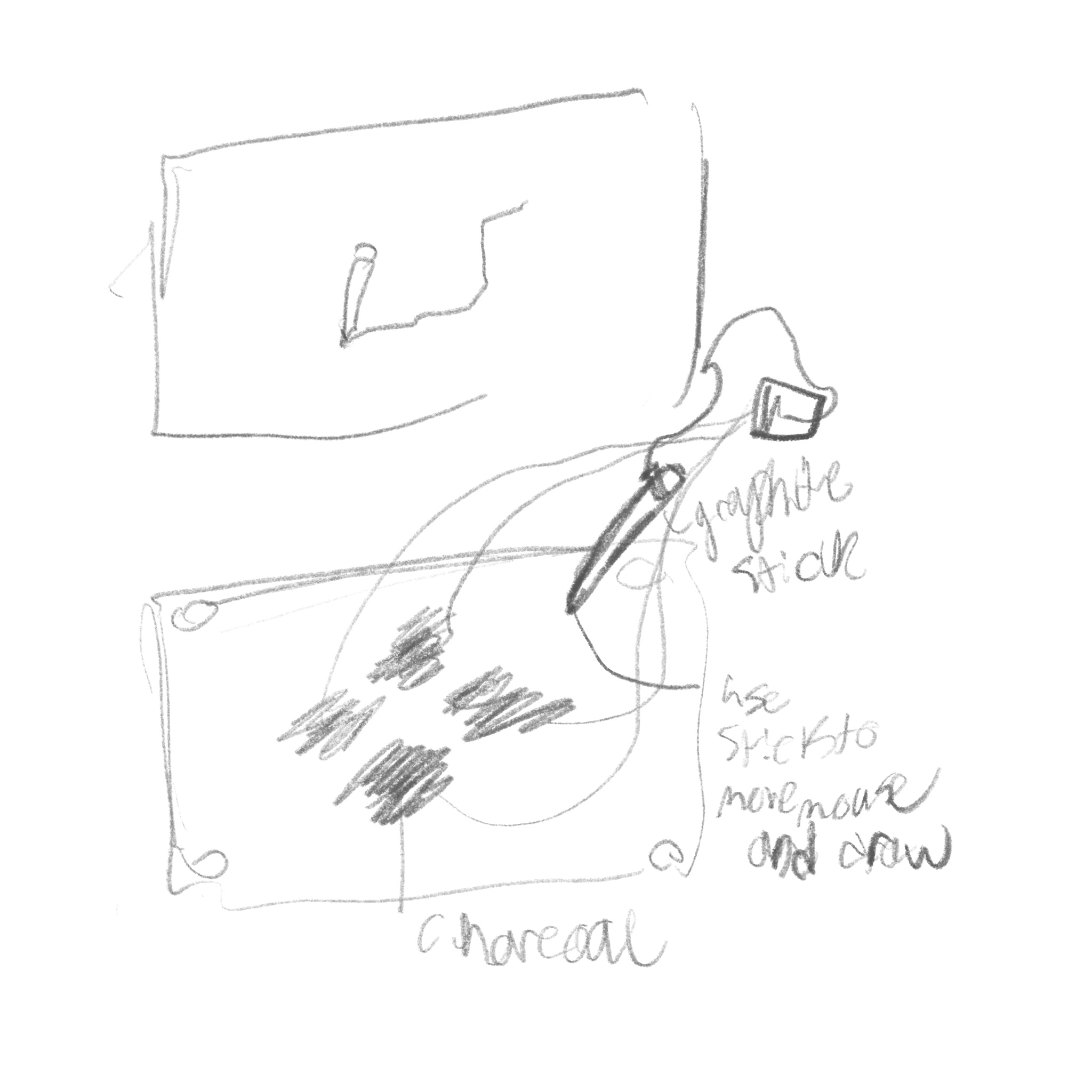 I started this week with a bit more Ideation sketches before I fully dove into material experimentation. This first Idea allows the user to draw on the screen by holing an actual pencil and tapping the direction they need to move, almost like an etch-a-sketch.