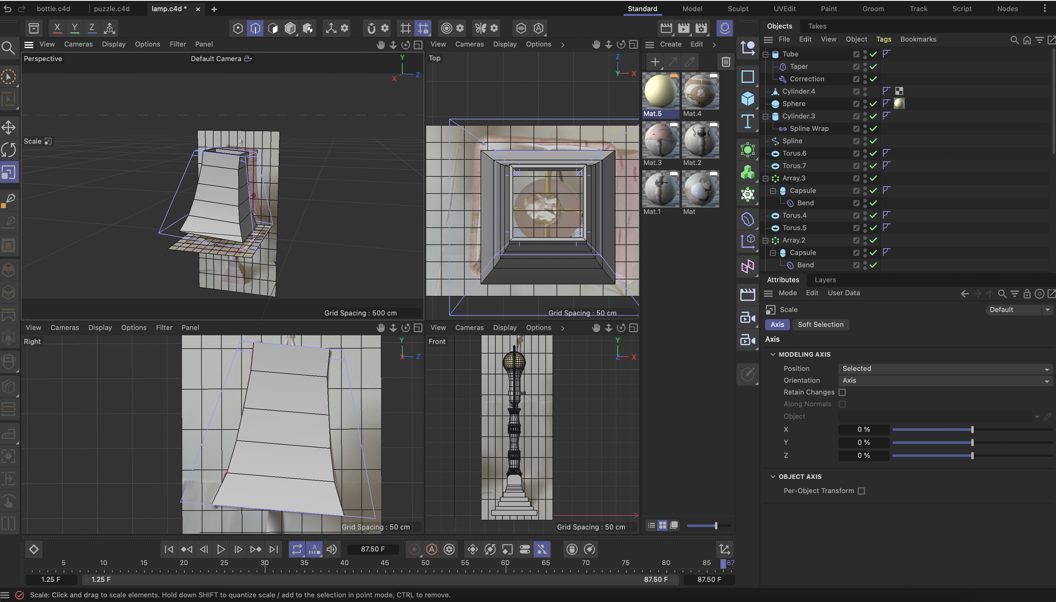 the lampshade was made seperately and then set onto the lamp. The lampshade was made with a donut that only had four radial segments and then squashed at the top manually