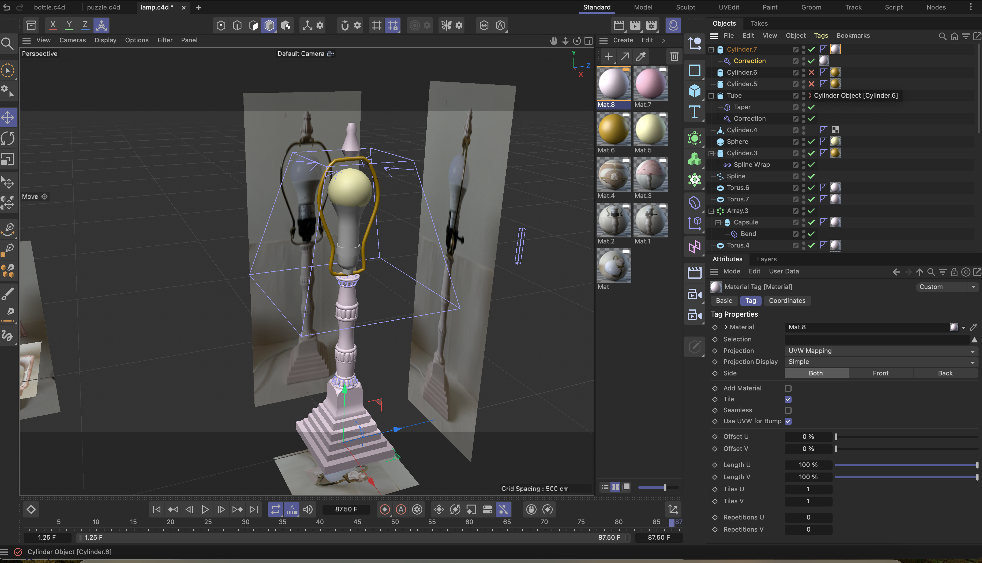 the lamp part of this model. the base is a cube that was loop cut and repeatedly shrunk in referencing the photos, the stem is a series of cylinders with the squash and stretch deformer and little pills with the array effector. the lightbulb is a sphere and deformed cylinder and the metal arm around it is a spline with a cylinder imposed onto it using the spline wrap deformer. 