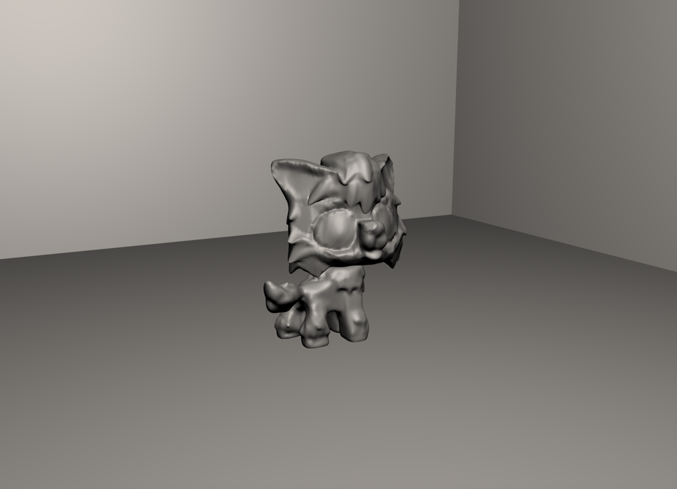 a render of the dog without materials. he looks not how I wanted him to but it is a first attempt. This likely needs a more careful underlying structure, more refinement, and more experimentation with the volume, subdivision, and phong settings.