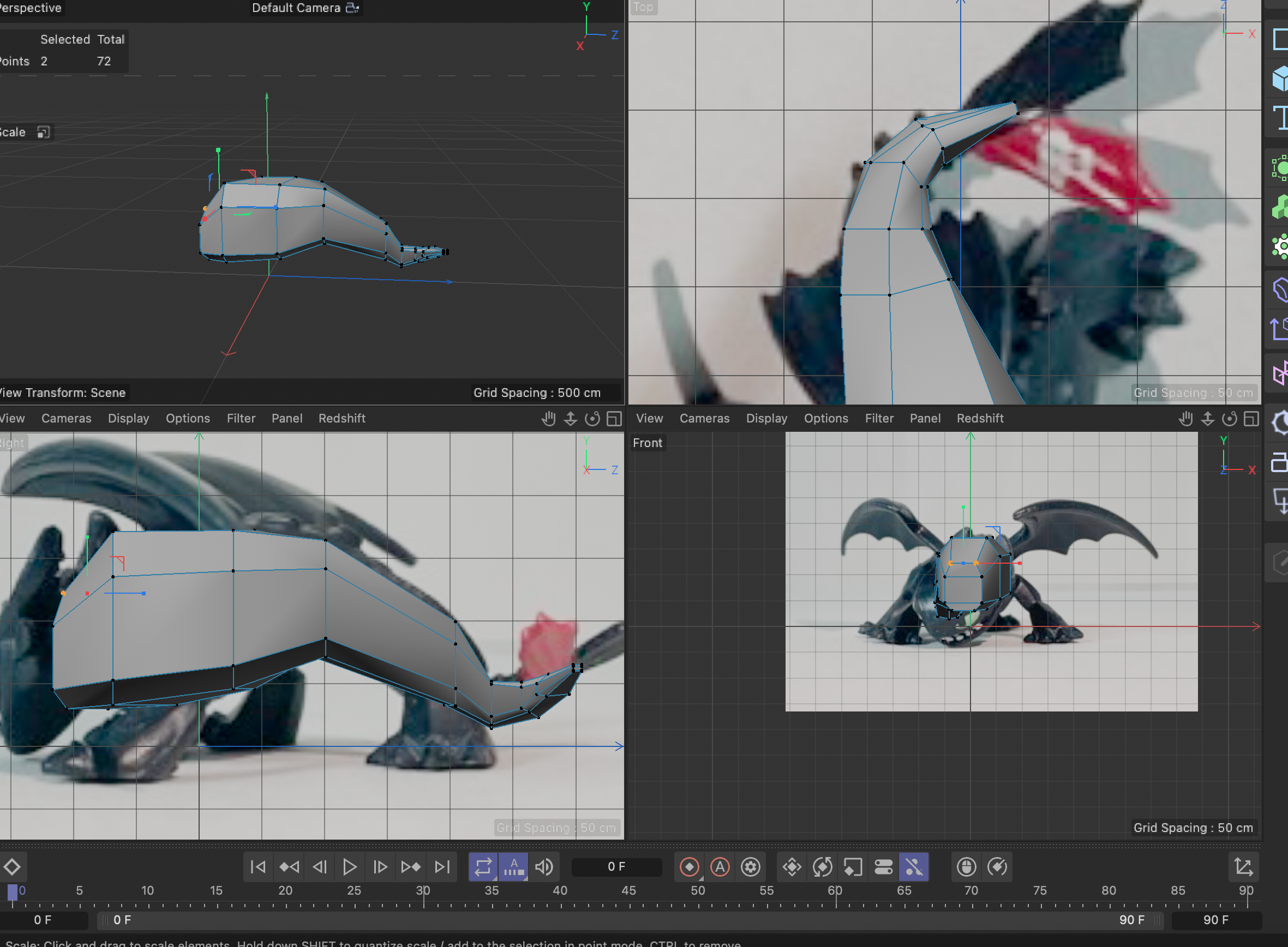 The start of building the dragon. I am building this from the box method and at this point extruding out resizing each segment to follow the pictures in each viewport.