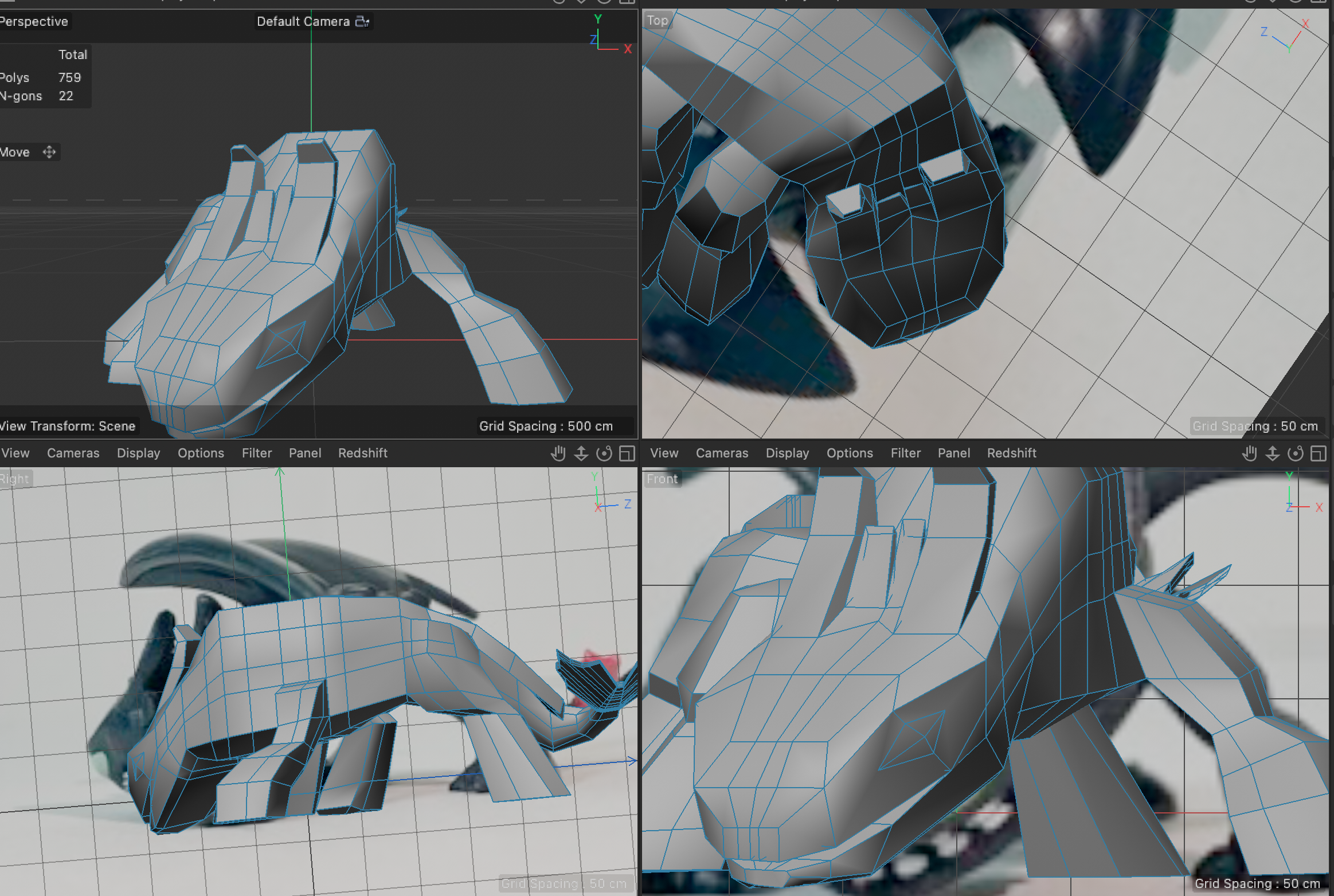 This is an image of the head. The head gave me so much trouble and took probably half the time. The difficulty came mostly from the fact that while it was attatched to the body, so sharing the same axis, it was at a very different angle with the view of it not being the best in my reference pictures. It was acheived with just a lot of fanagaling in the point edge and plane menus. this is also about when I realized you could change the object to clear lines and the picture would remain.