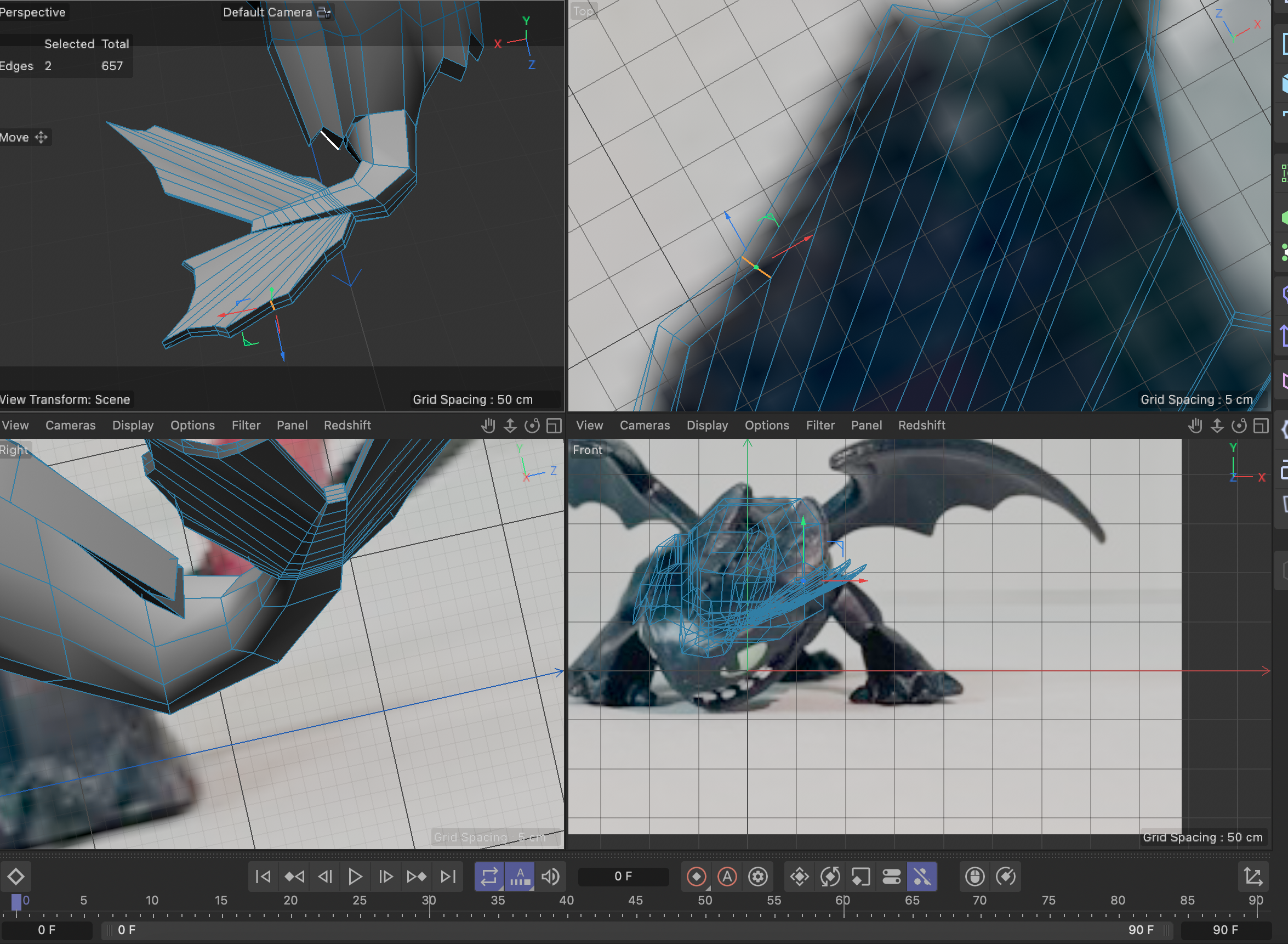 a close up of how I built the tail, extruding out a section from the tail and using loop cuts to create the segments needed for the shape. after this the shaping was done just using the edge tool to follow along with the guide pictures to the best of my abilities.