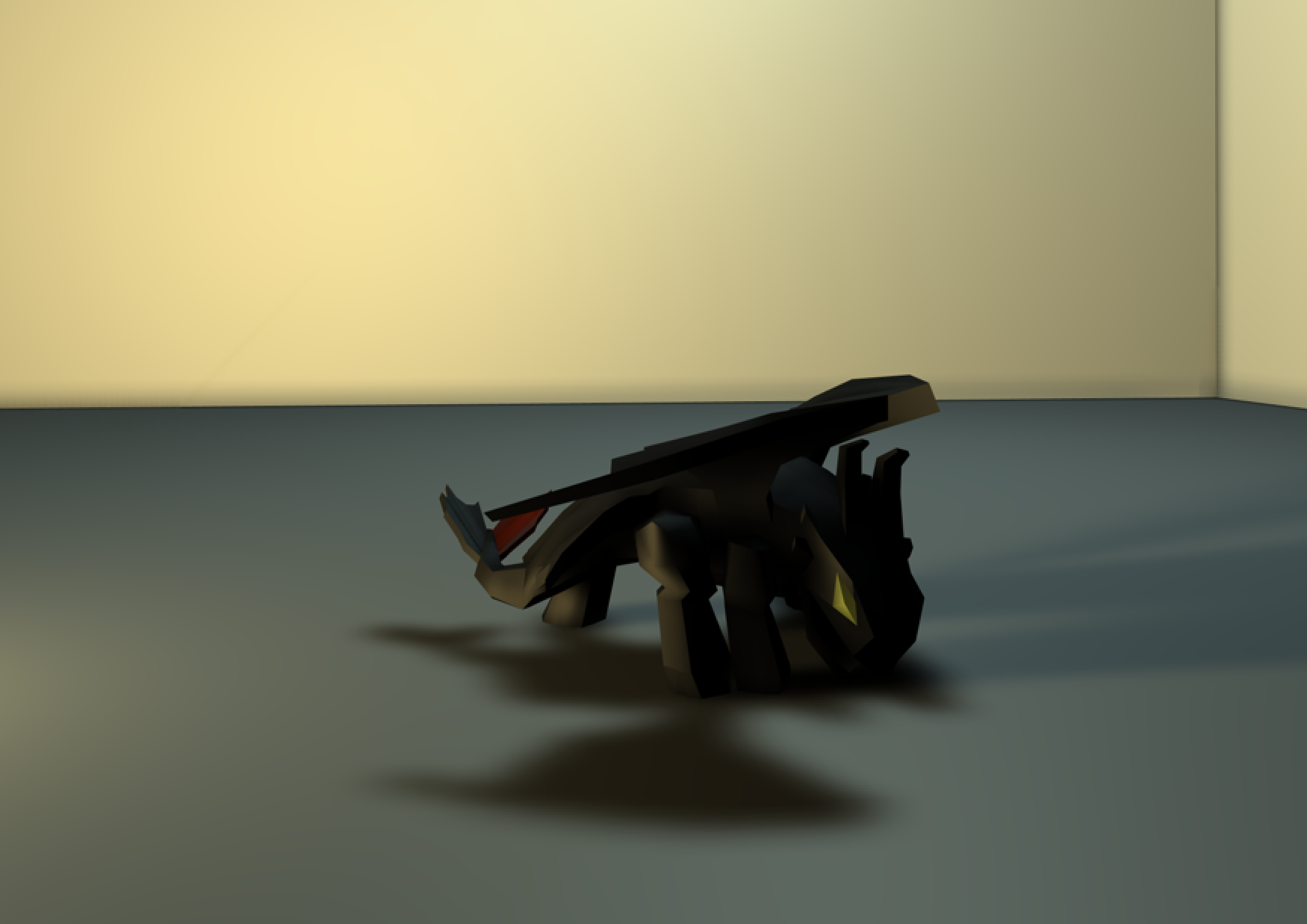a lighted render of the low poly dragon with basic materials and contrast caused by cool and warm lighting.