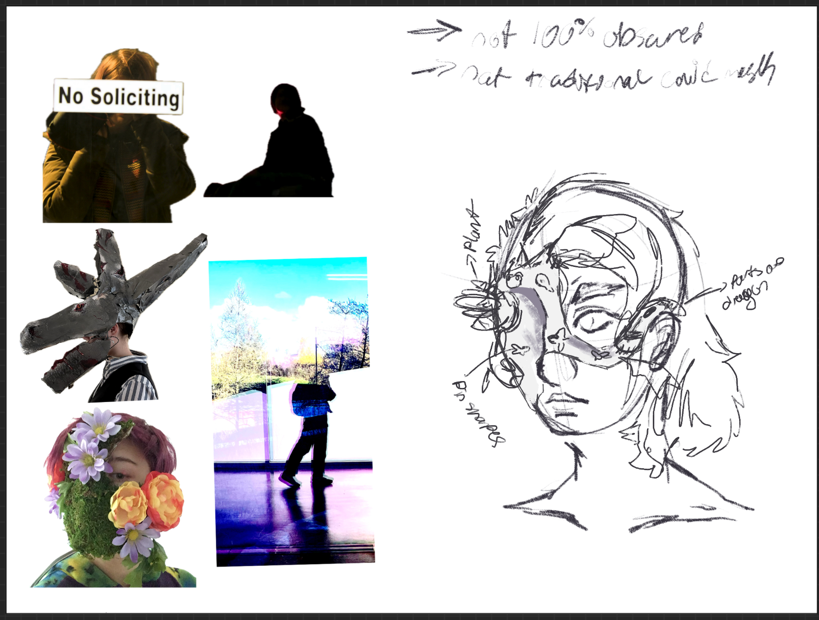 some inital ideation including selfies of myself I have taken before and some beginning sketches